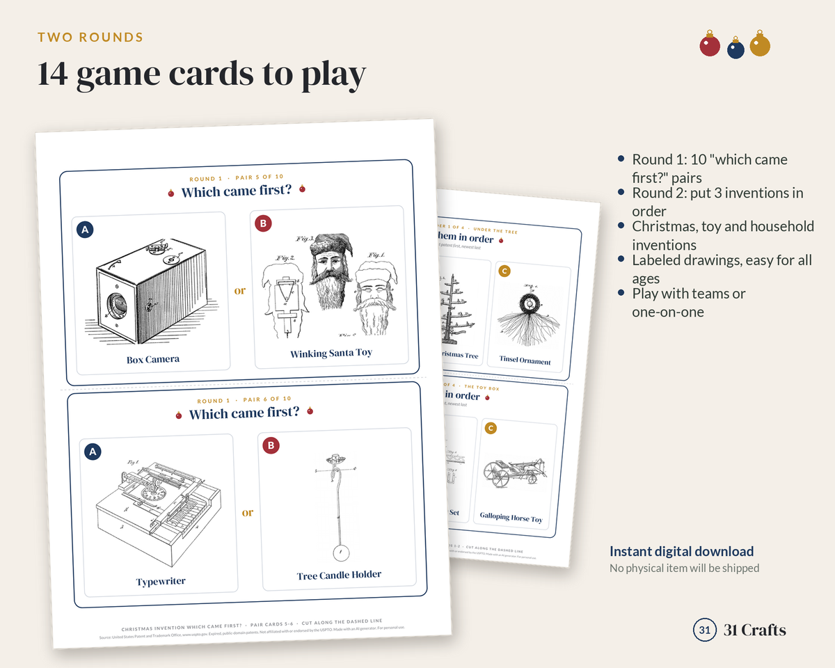 Christmas Which Came First Game Printable, Vintage Invention Patent Drawings, Family Party Trivia PDF