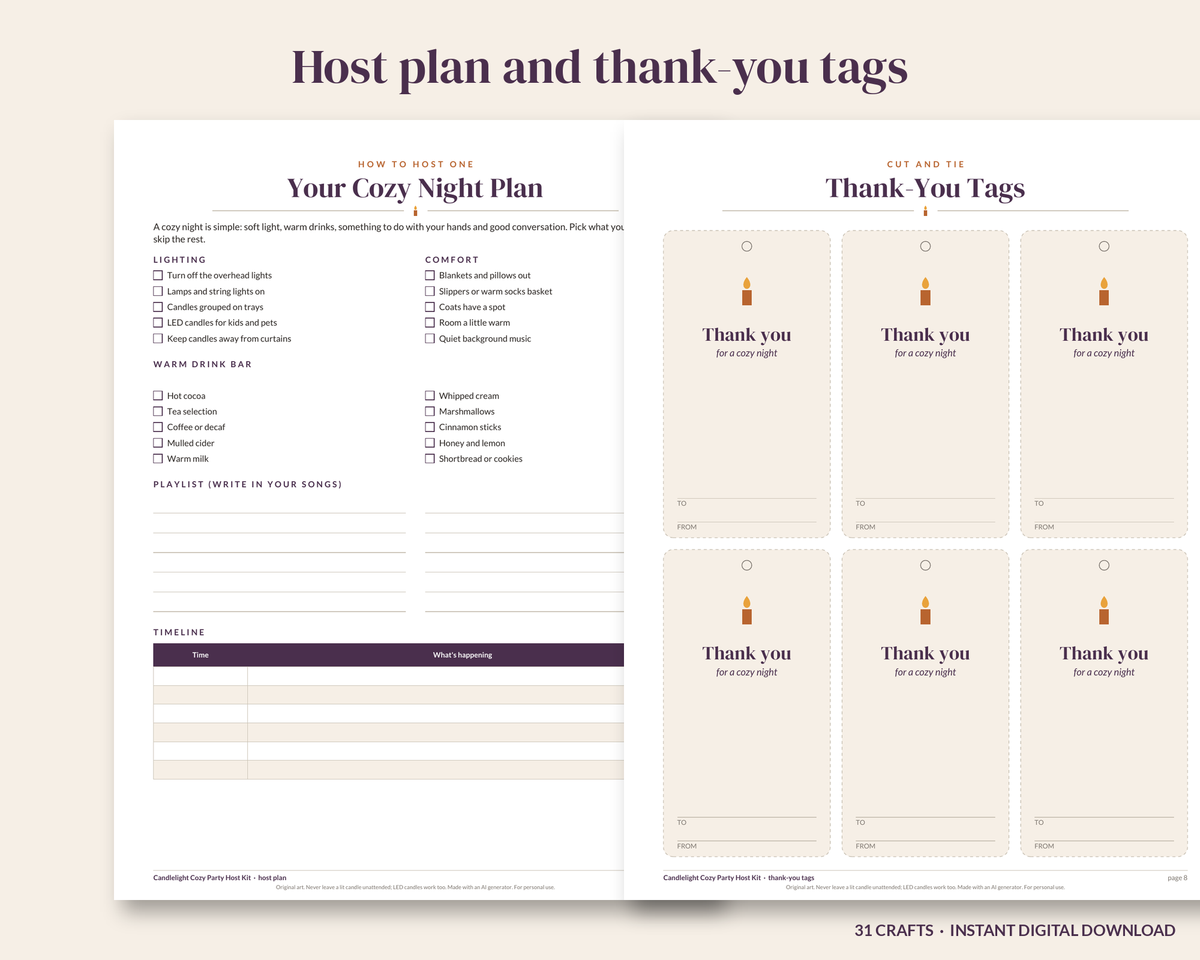 Candlelight Cozy Party Host Kit, Hygge Party Printable, Winter Game Night Invitation, Conversation Cards, Blindfold Game
