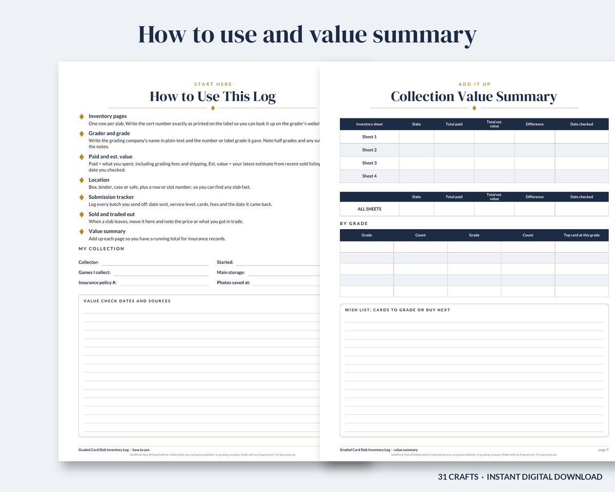 Graded Card Slab Inventory Log, Printable Card Collection Tracker, Grading Submission Log, Fillable PDF