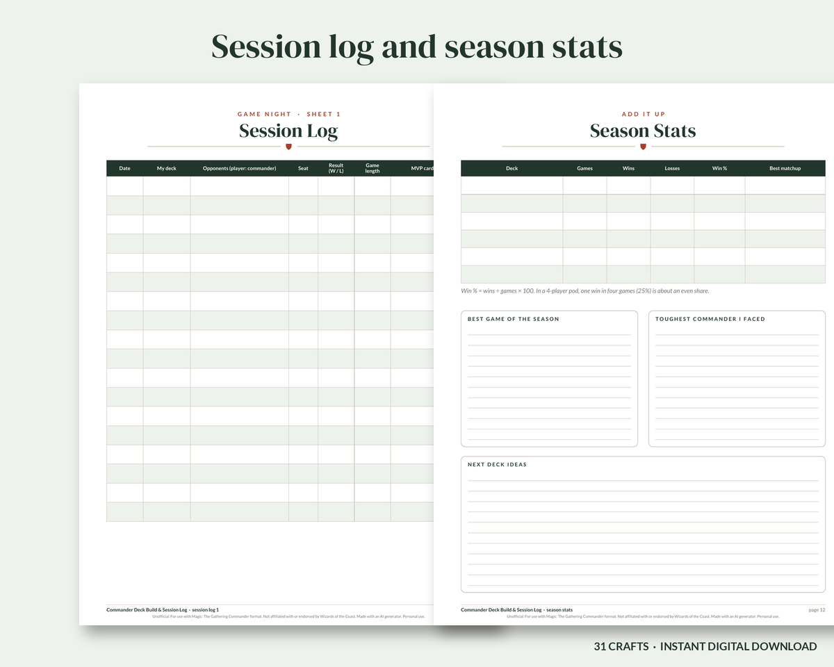 Commander Deck Build and Session Log, Printable 100 Card Deck Tracker, Game Night Journal, Fillable PDF