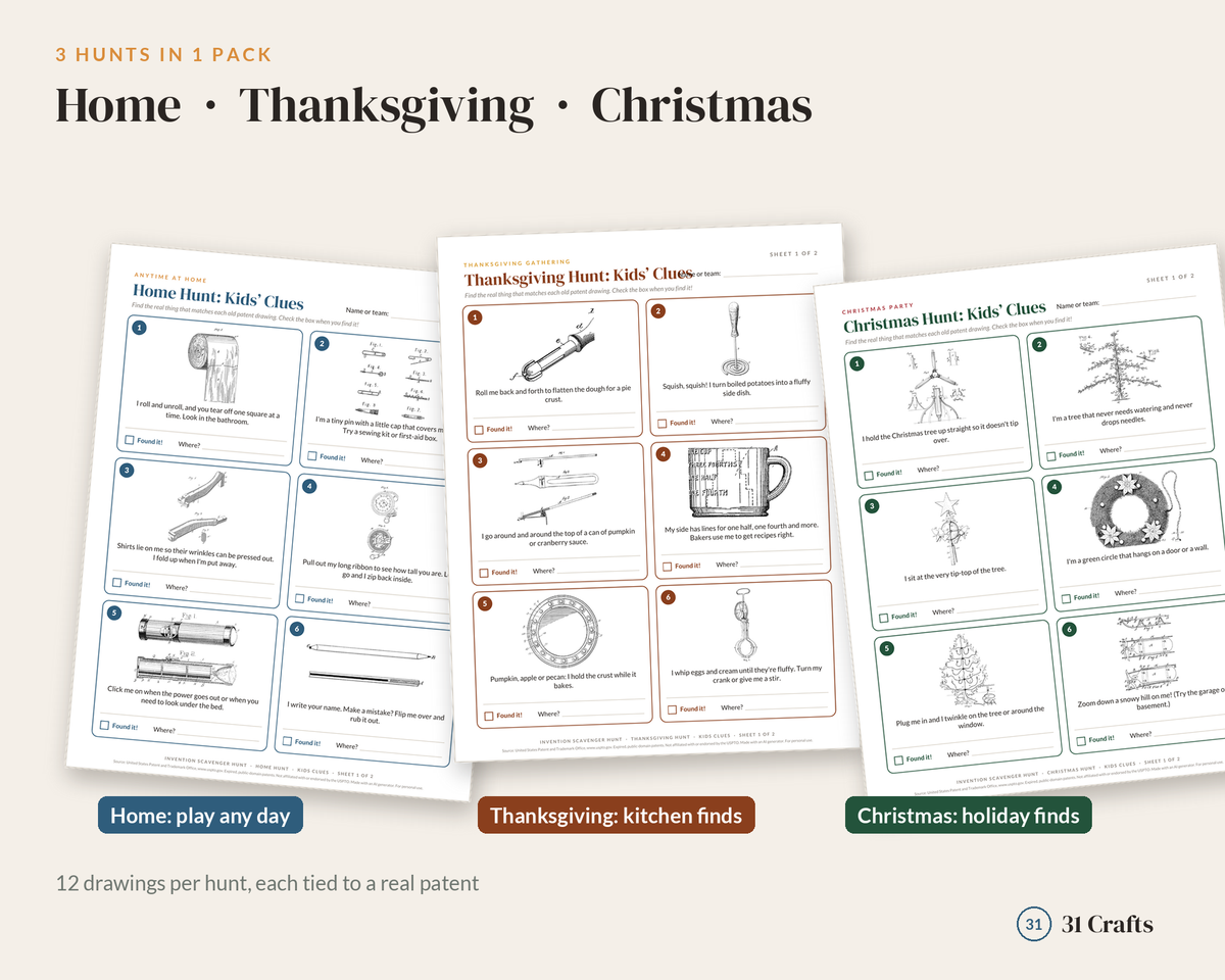 Invention Scavenger Hunt Printable, Indoor Hunt for Home, Thanksgiving, Christmas, Vintage Patent Drawings