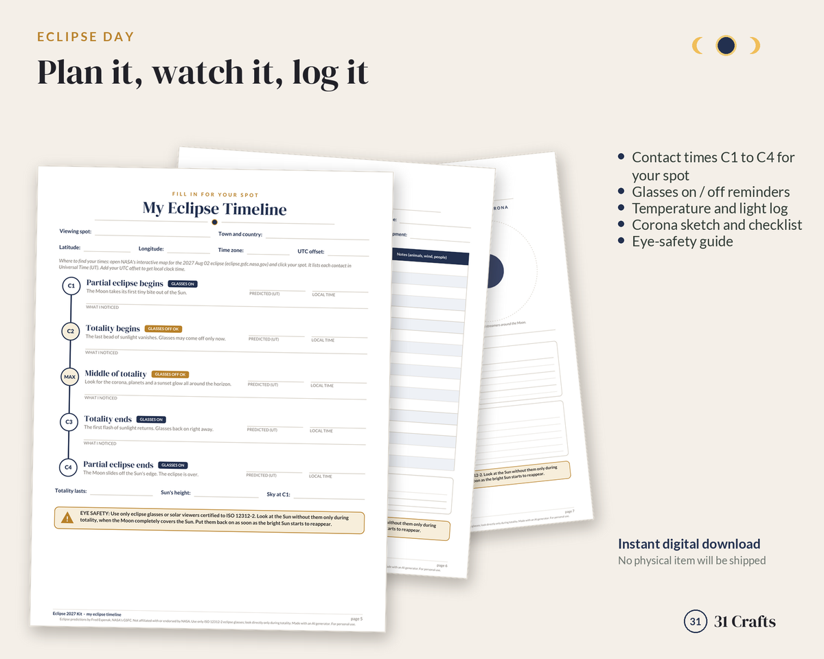 Eclipse 2027 Printable Kit: Total Solar Eclipse Log, Kids Pages, Trip Journal, Totality Map