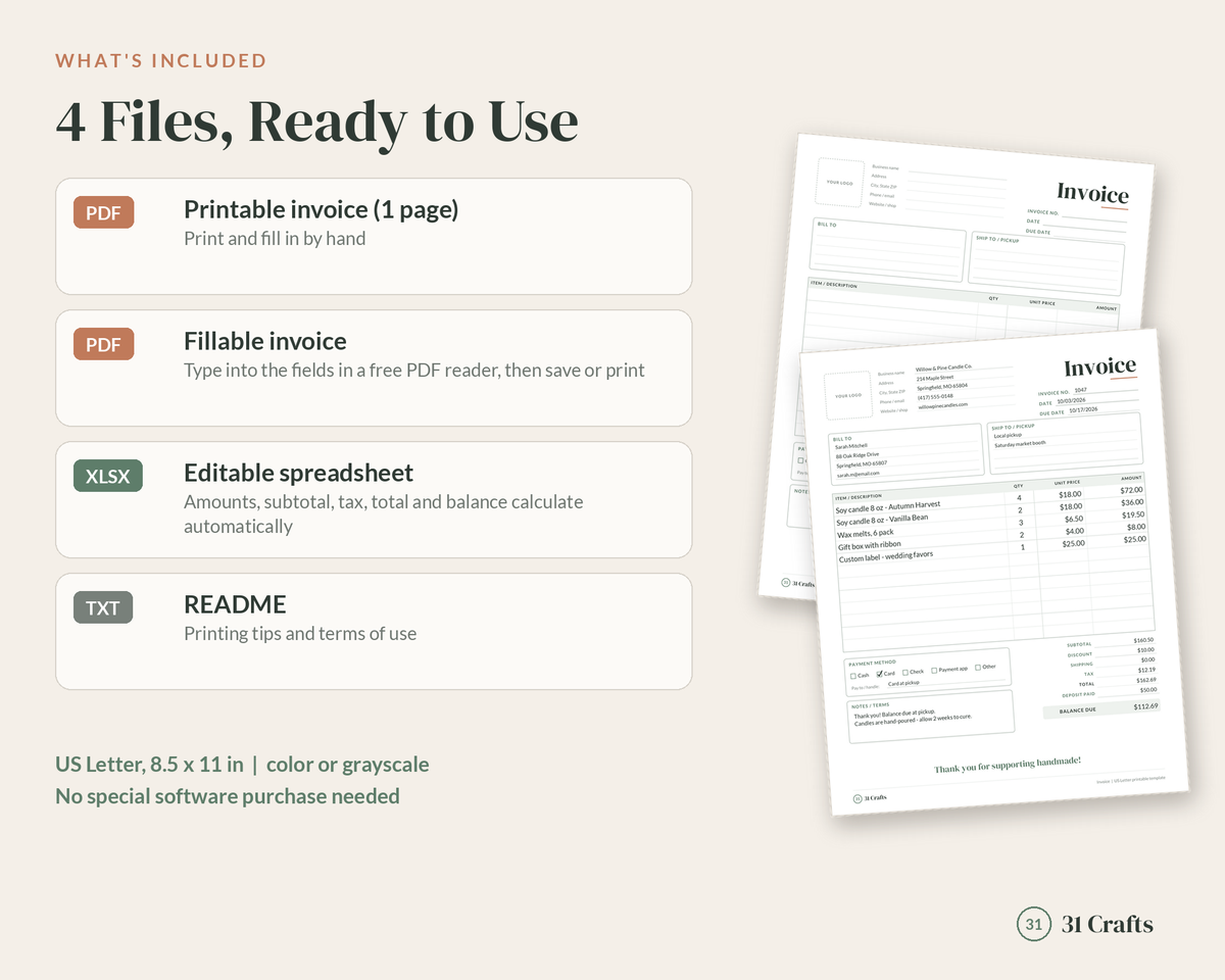 Printable Invoice Template for Small Business, Fillable PDF Invoice, Editable Spreadsheet, Craft Business Invoice, Handmade Seller Form