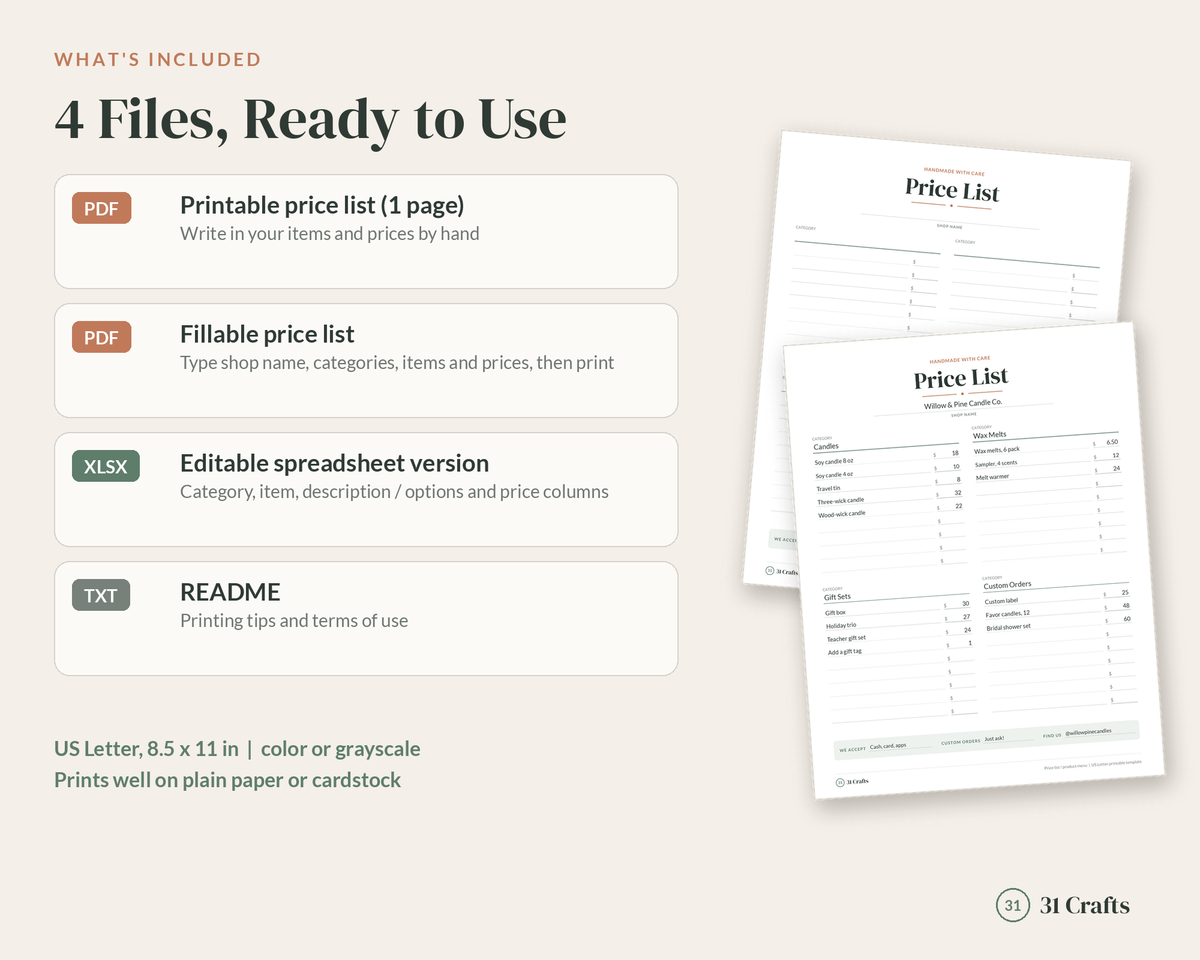 Price List Template Printable, Craft Booth Price Sign, Fillable Product Menu, Vendor Price Sheet, Small Business Pricing Printable