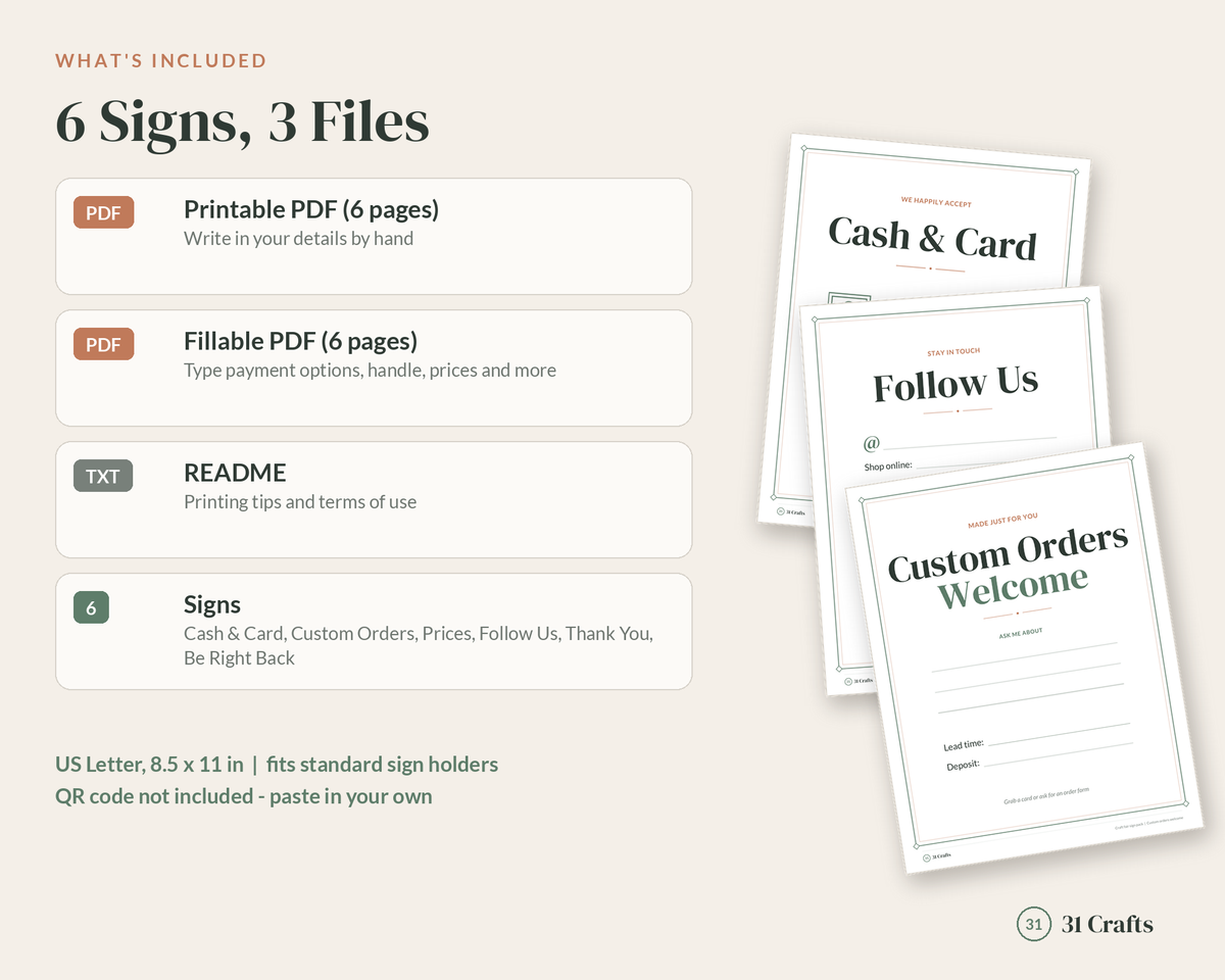 Craft Fair Sign Bundle Printable, Cash and Card Accepted Sign, Custom Orders Welcome, Follow Us Sign, Vendor Booth Signs, Fillable PDF