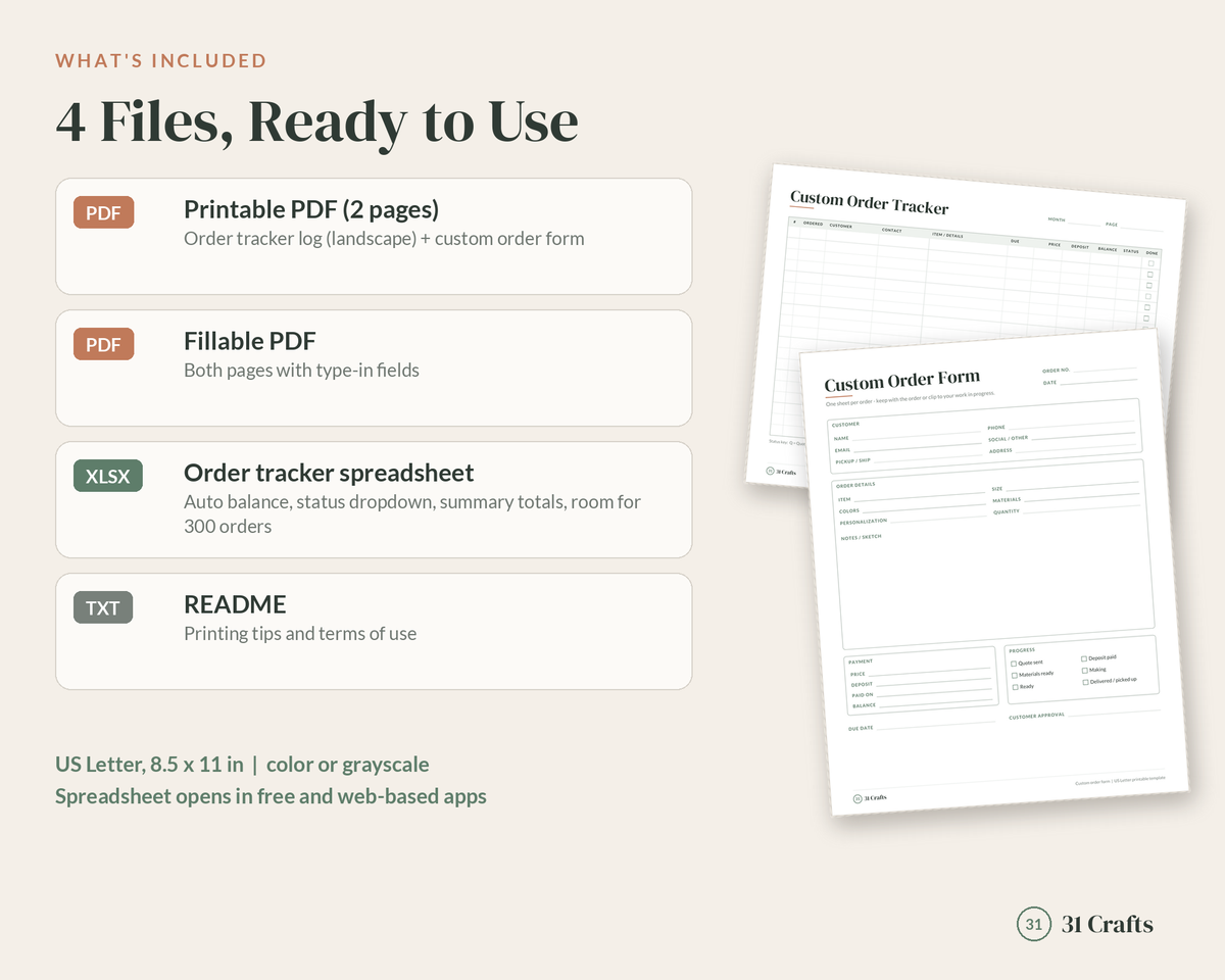Custom Order Tracker Printable and Spreadsheet, Order Form Template, Small Business Order Log, Craft Commission Tracker, Fillable PDF