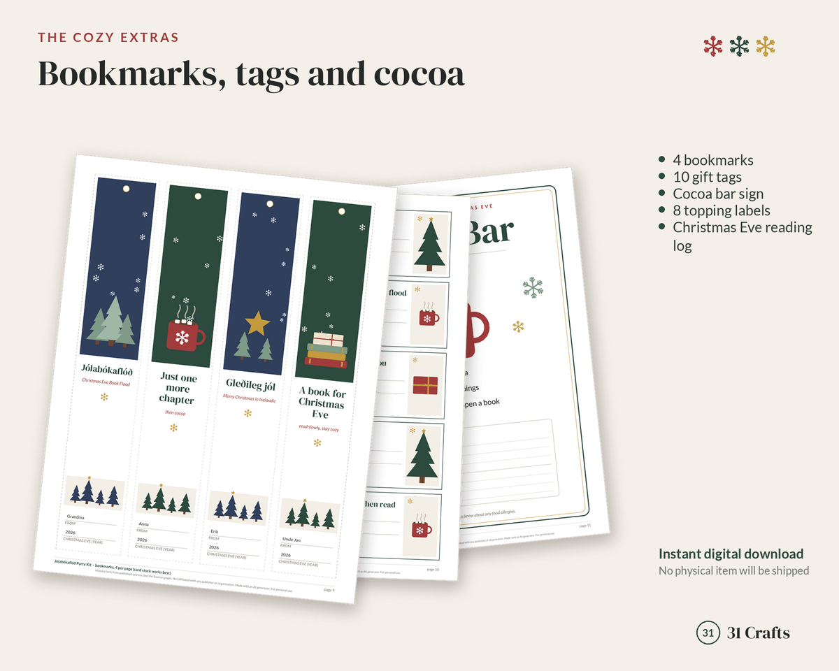 Jólabókaflóð Christmas Eve Book Flood Party Kit, Book Exchange Game, Reading Bingo, Bookmarks, Printable
