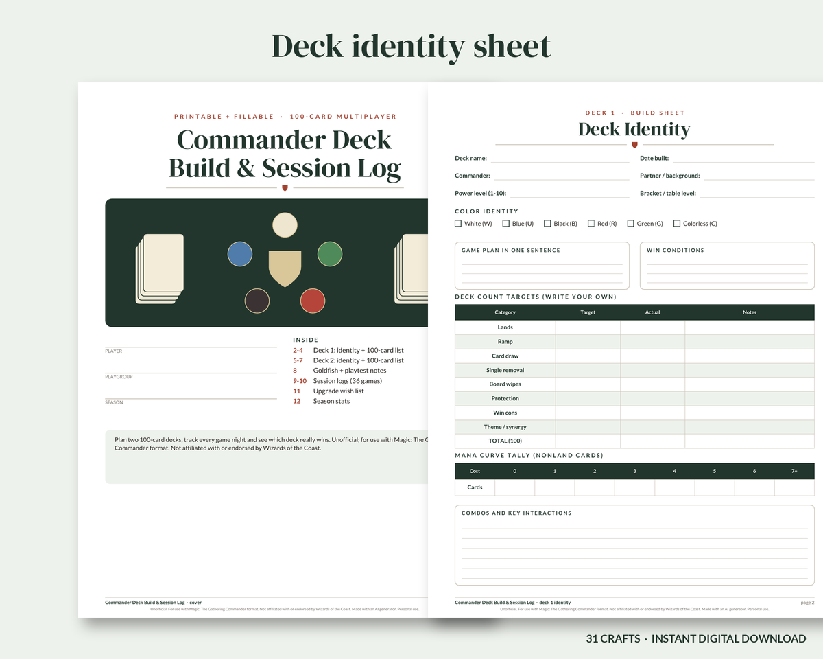 Commander Deck Build and Session Log, Printable 100 Card Deck Tracker, Game Night Journal, Fillable PDF
