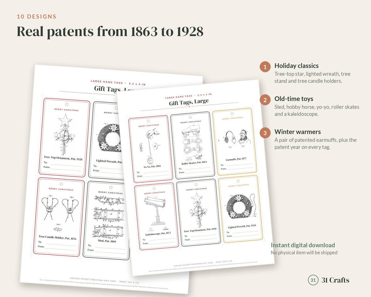 Vintage Patent Christmas Gift Tags Printable, Editable To From Tags with Old Toy & Holiday Drawings, Instant Download PDF