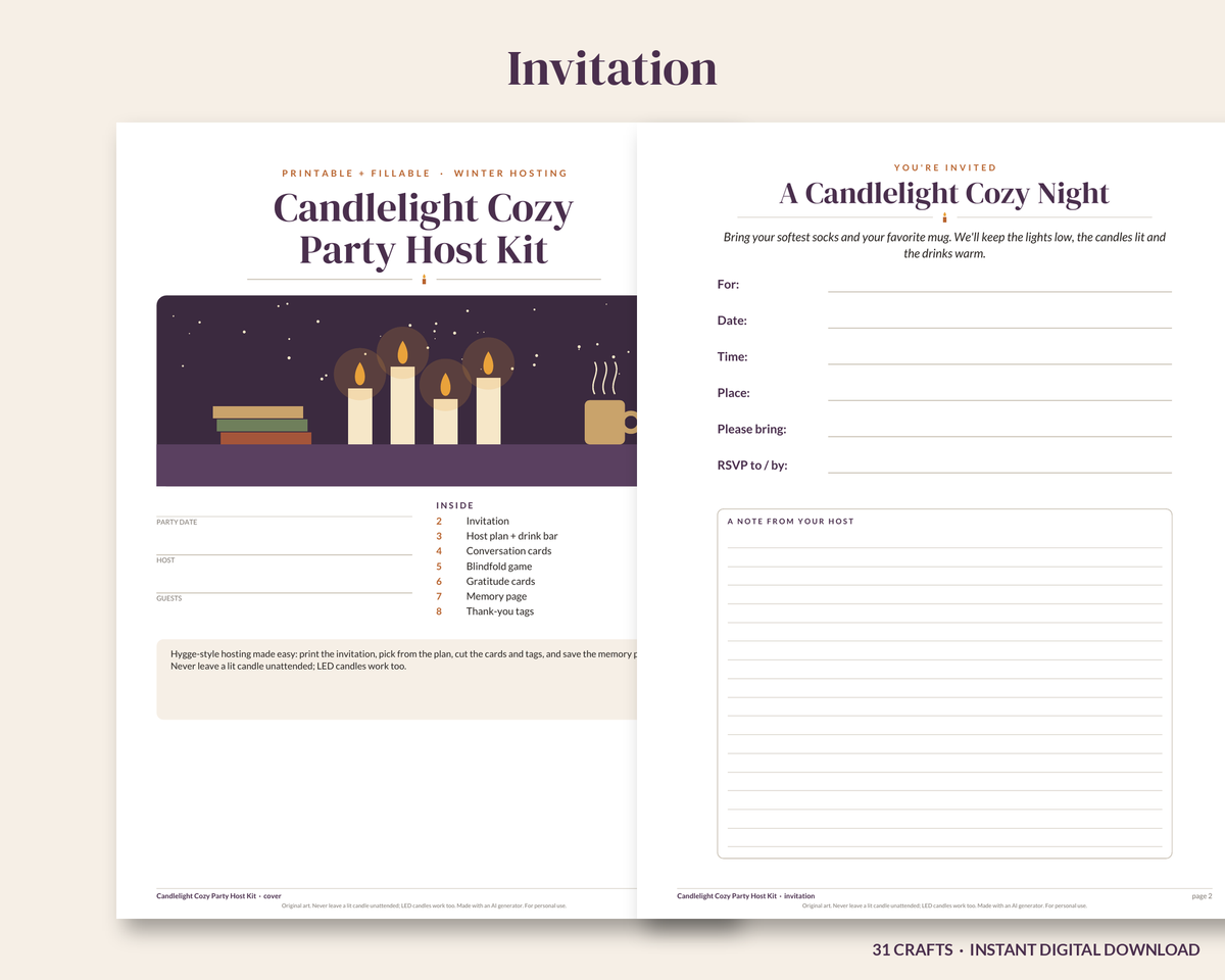 Candlelight Cozy Party Host Kit, Hygge Party Printable, Winter Game Night Invitation, Conversation Cards, Blindfold Game