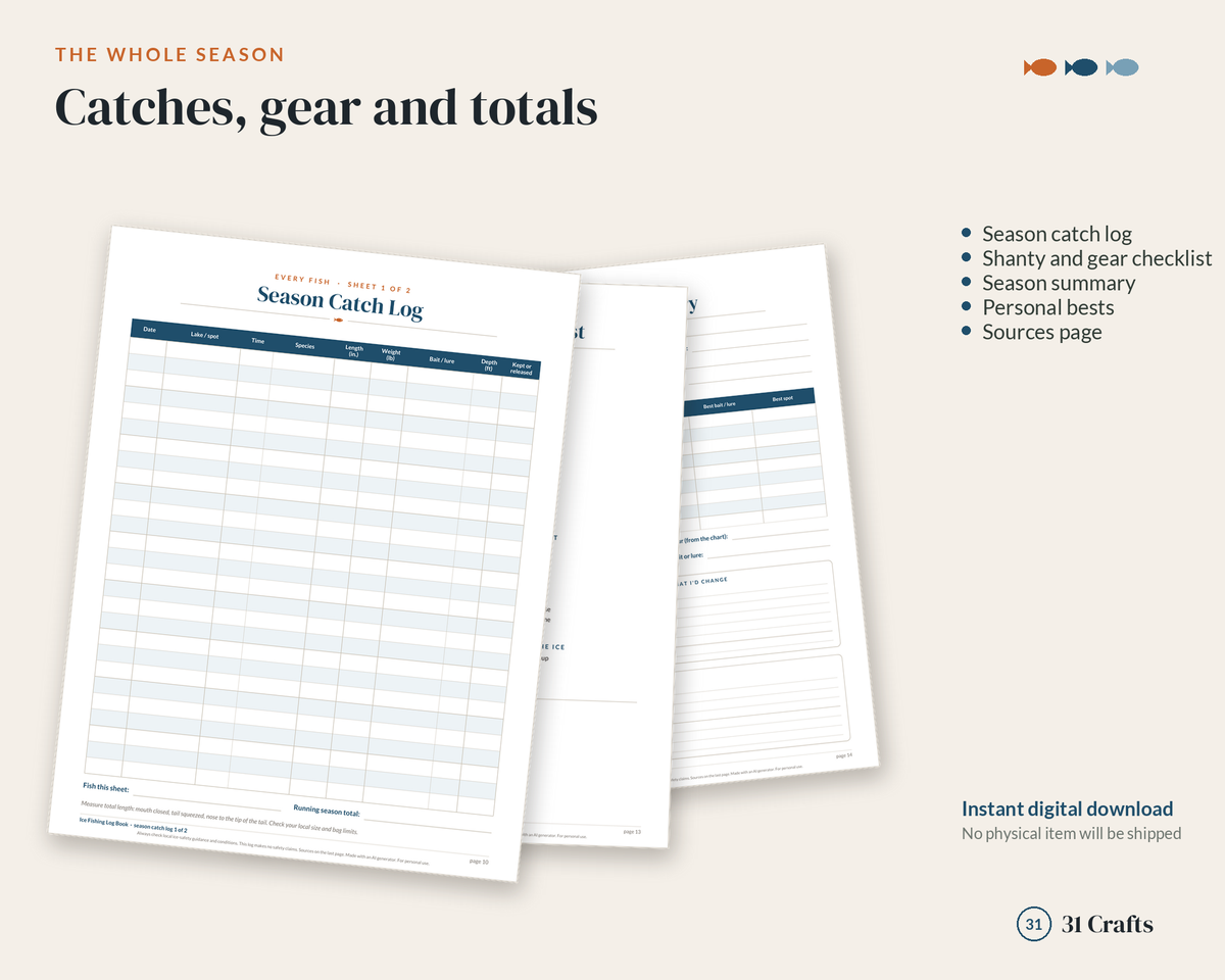 Ice Fishing Log Book, Fillable Ice Fishing Journal, Season Catch Record, Printable PDF