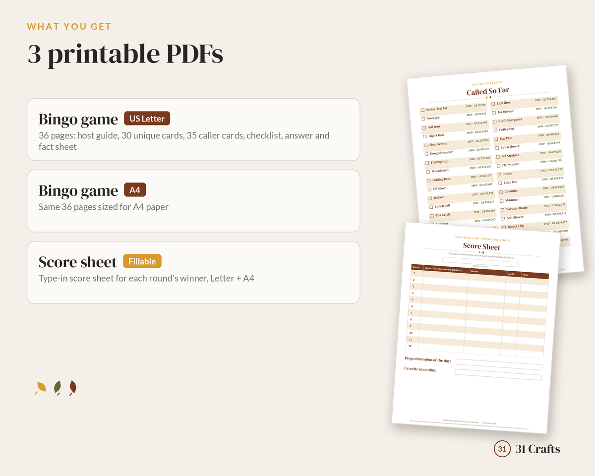 Thanksgiving Invention Bingo Printable, 30 Unique Cards, Vintage Kitchen Patent Drawings, Family Game PDF