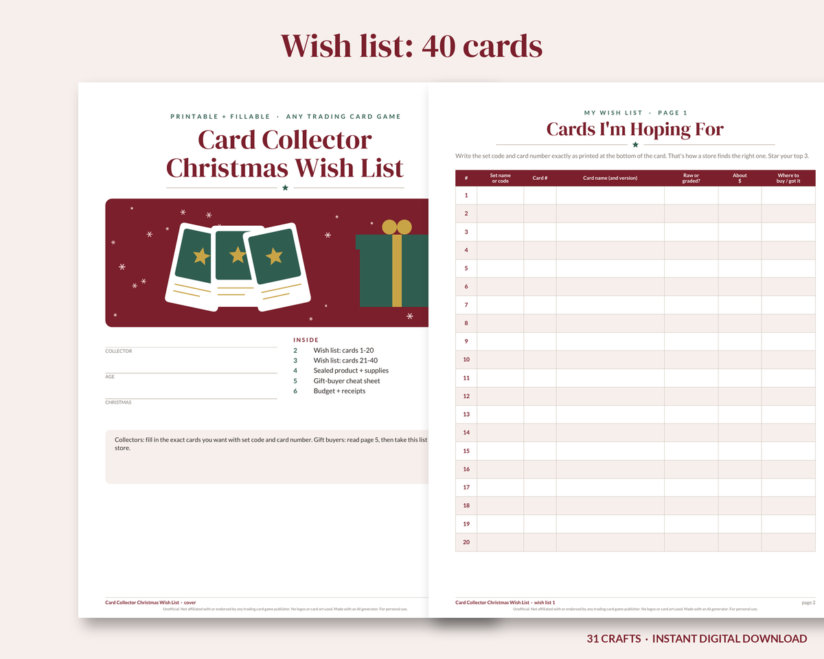 Card Collector Christmas Wish List (Printable)