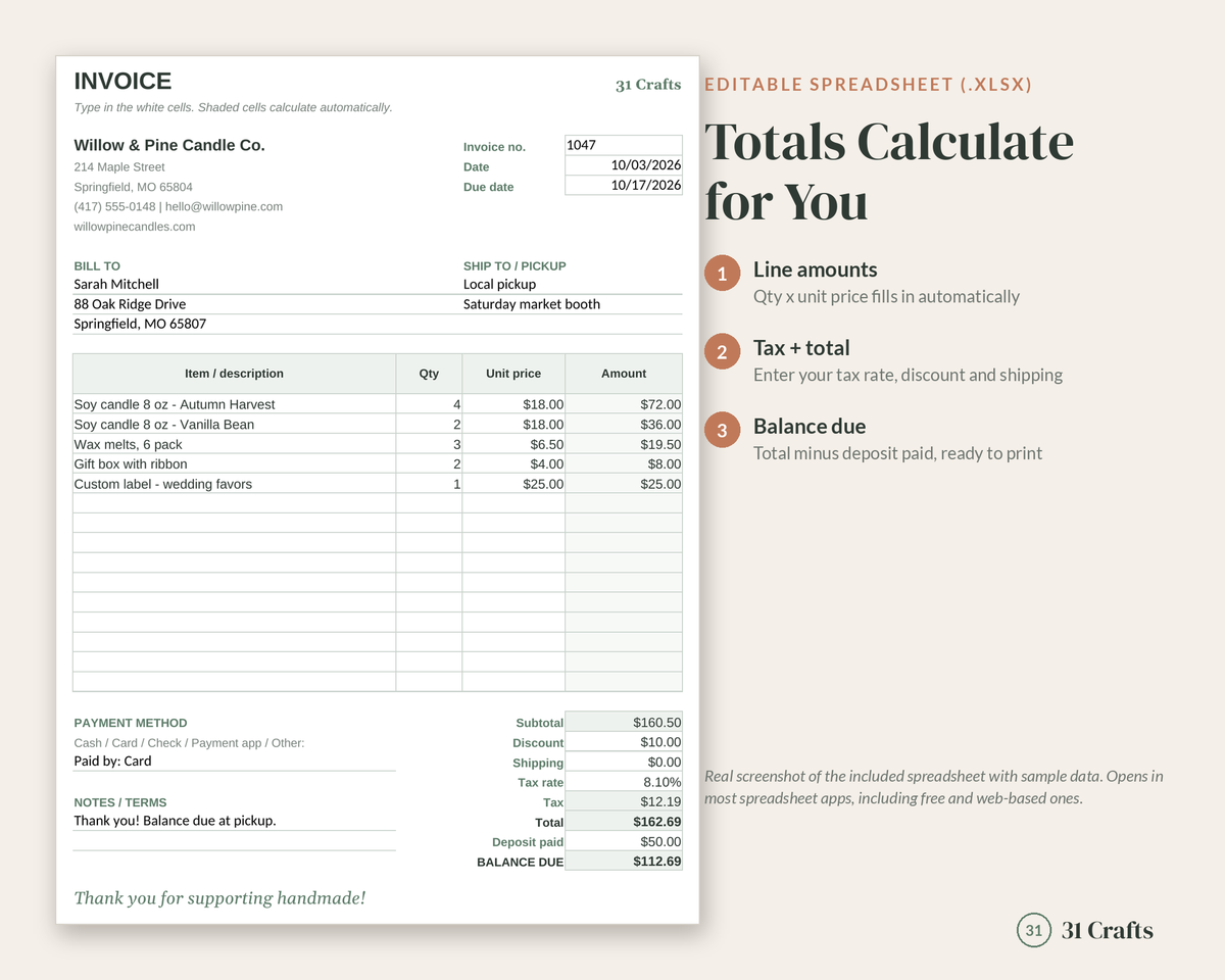 Printable Invoice Template for Small Business, Fillable PDF Invoice, Editable Spreadsheet, Craft Business Invoice, Handmade Seller Form