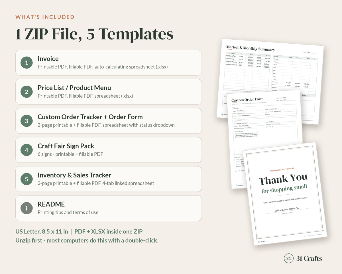 Craft Business Starter Bundle, Printable Invoice, Price List, Order Tracker, Craft Fair Signs, Inventory Spreadsheet, Small Business Kit