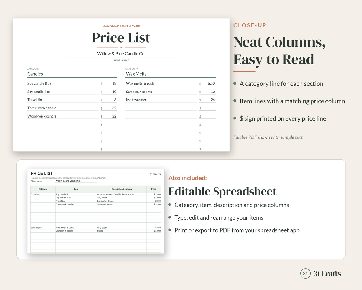 Price List Template Printable, Craft Booth Price Sign, Fillable Product Menu, Vendor Price Sheet, Small Business Pricing Printable