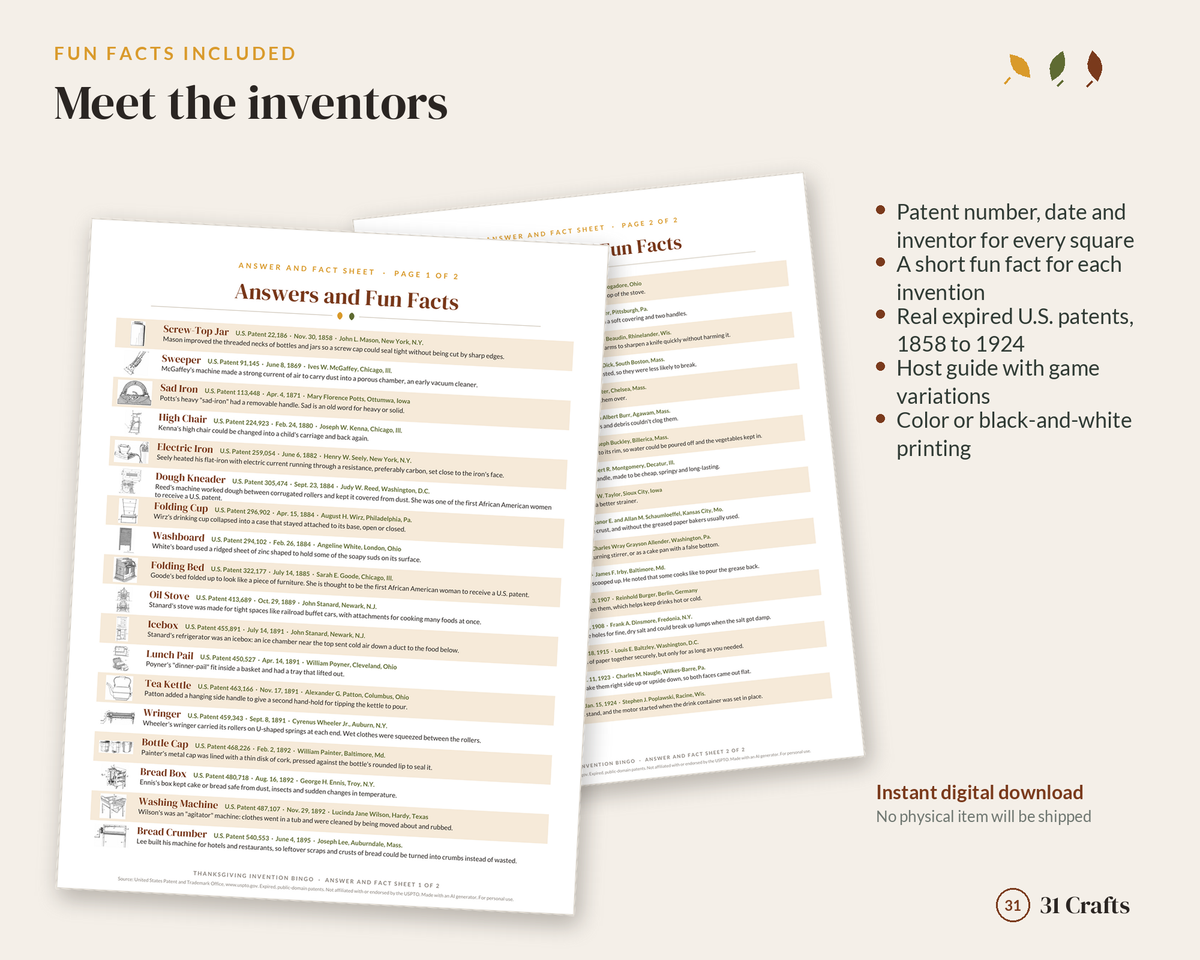 Thanksgiving Invention Bingo Printable, 30 Unique Cards, Vintage Kitchen Patent Drawings, Family Game PDF