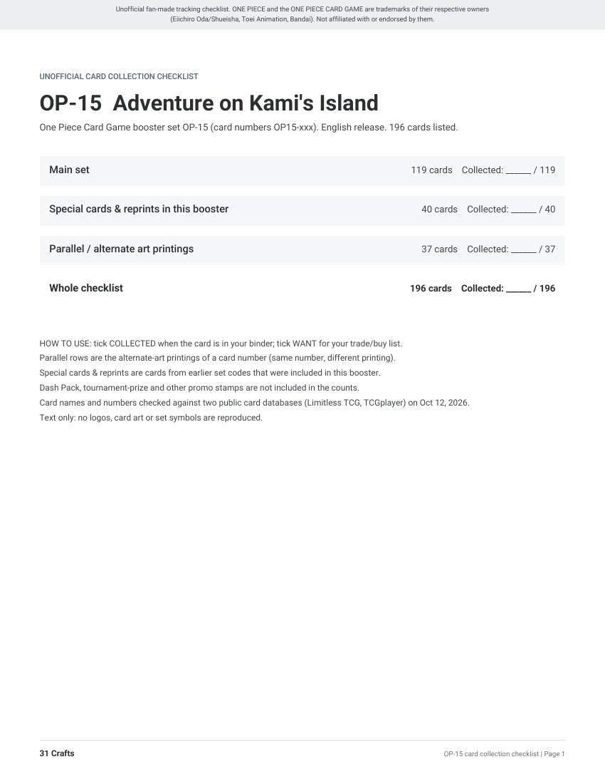 OP-15 Adventure on Kami's Island Card Checklist, Printable PDF for One Piece Card Game Collectors, Unofficial OP15 Set List