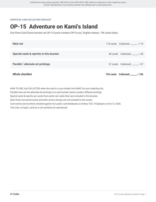 OP-15 Adventure on Kami's Island Card Checklist, Printable PDF for One Piece Card Game Collectors, Unofficial OP15 Set List