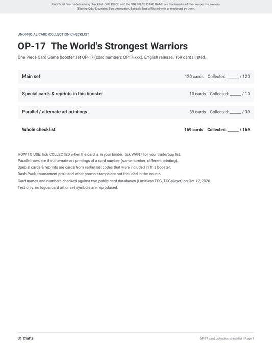 OP-17 The World's Strongest Warriors Card Checklist, Printable PDF for One Piece Card Game Collectors, Unofficial OP17 Set List