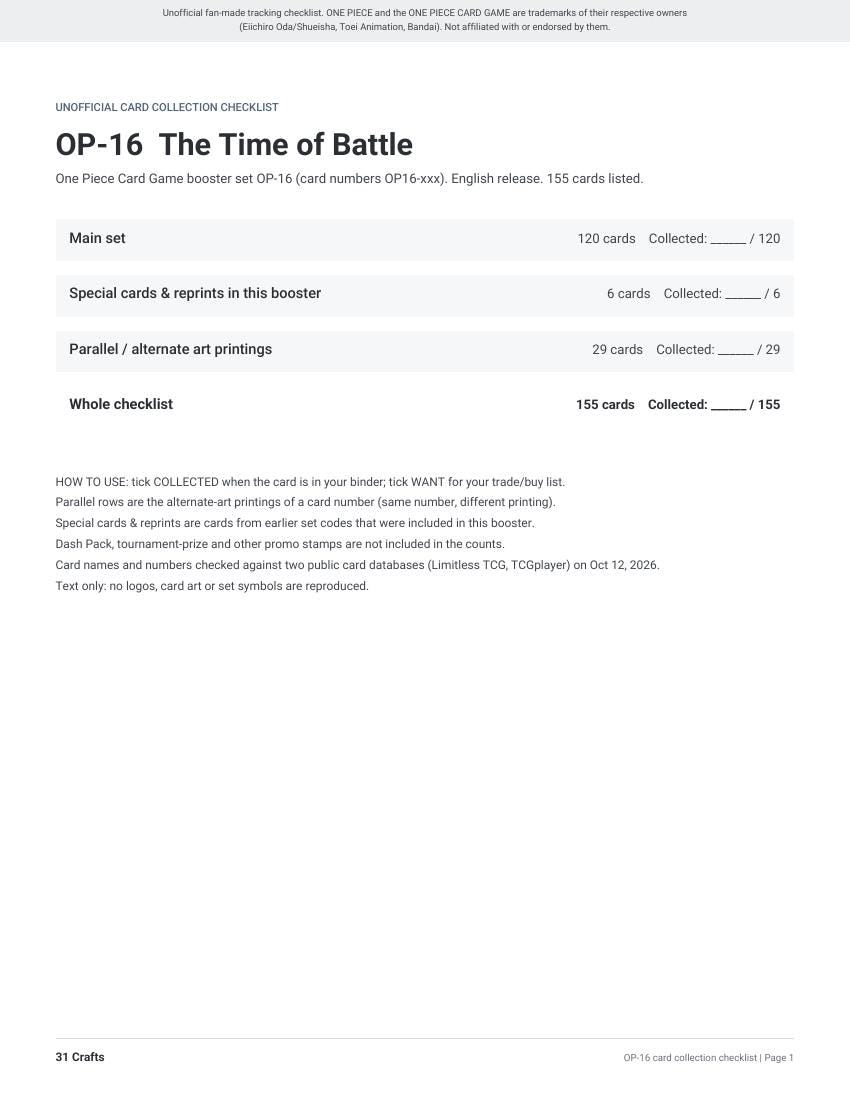 OP-16 The Time of Battle Card Checklist, Printable PDF for One Piece Card Game Collectors, Unofficial OP16 Set List