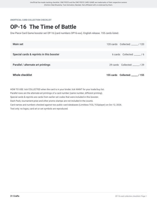OP-16 The Time of Battle Card Checklist, Printable PDF for One Piece Card Game Collectors, Unofficial OP16 Set List