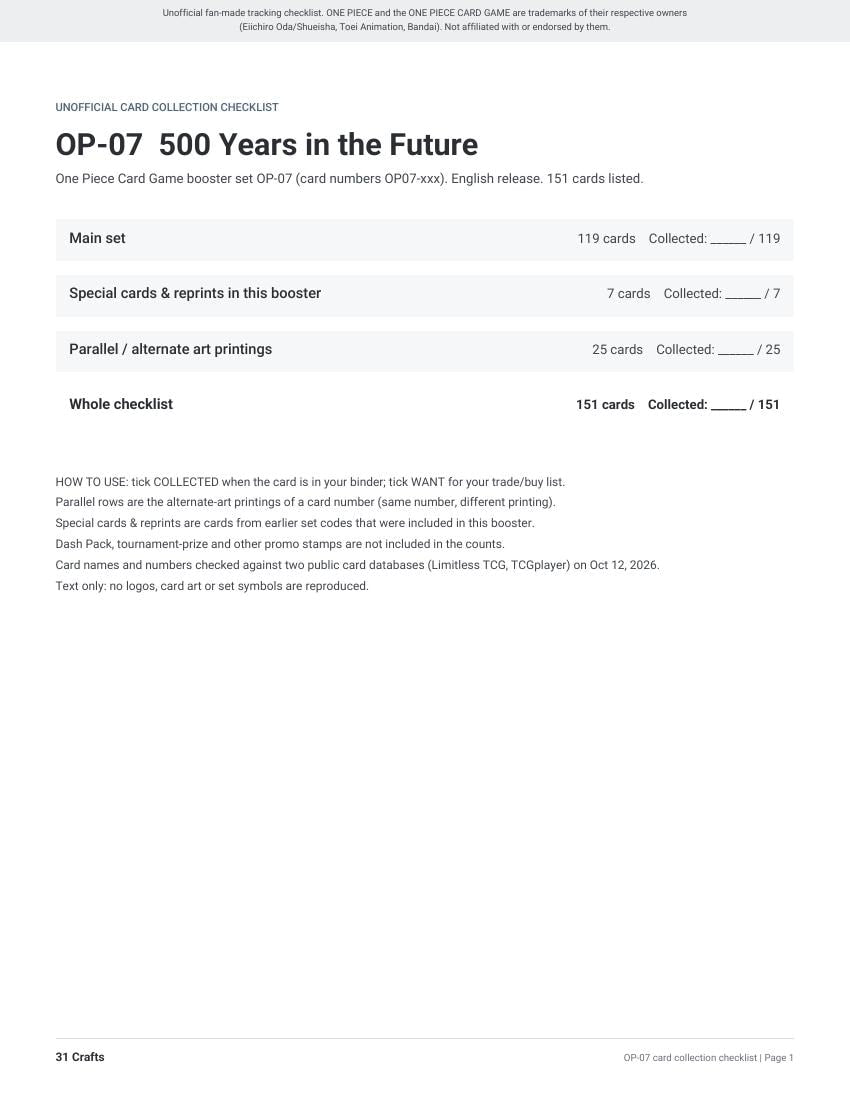 OP-07 500 Years in the Future Card Checklist, Printable PDF for One Piece Card Game Collectors, Unofficial OP07 Set List