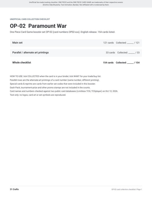 OP-02 Paramount War Card Checklist, Printable PDF for One Piece Card Game Collectors, Unofficial OP02 Set List