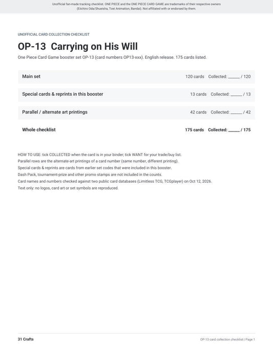 OP-13 Carrying on His Will Card Checklist, Printable PDF for One Piece Card Game Collectors, Unofficial OP13 Set List