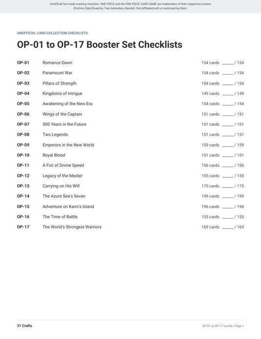 OP-01 to OP-17 Card Checklist Bundle, 17 Printable PDFs for One Piece Card Game Collectors, Unofficial OP01-OP17