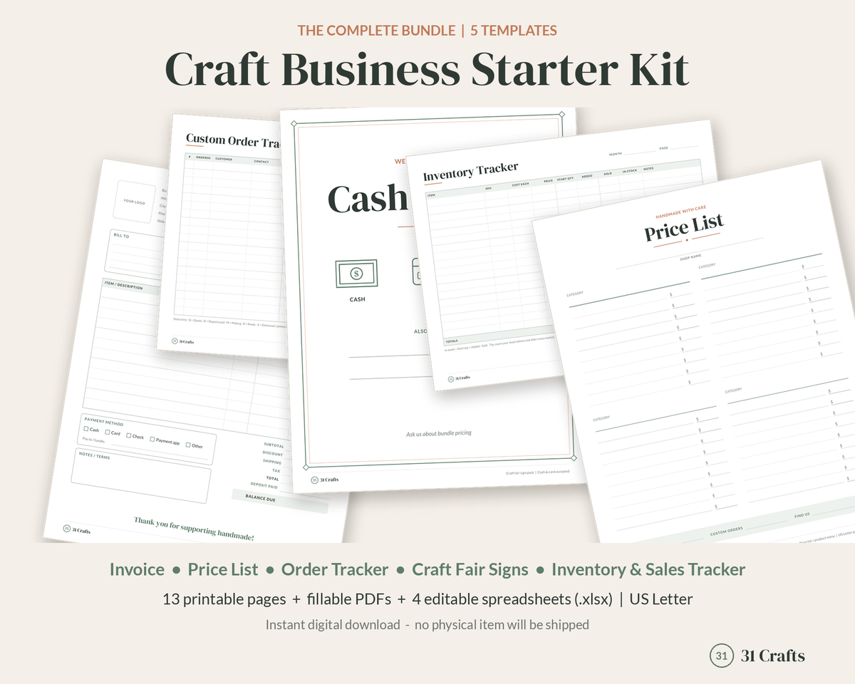 Craft Business Starter Bundle, Printable Invoice, Price List, Order Tracker, Craft Fair Signs, Inventory Spreadsheet, Small Business Kit