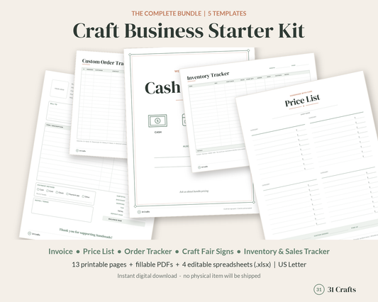 Craft Business Starter Bundle, Printable Invoice, Price List, Order Tracker, Craft Fair Signs, Inventory Spreadsheet, Small Business Kit
