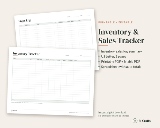 Inventory and Sales Tracker Spreadsheet and Printable, Craft Business Inventory Log, Small Business Sales Log, Vendor Event Tracker