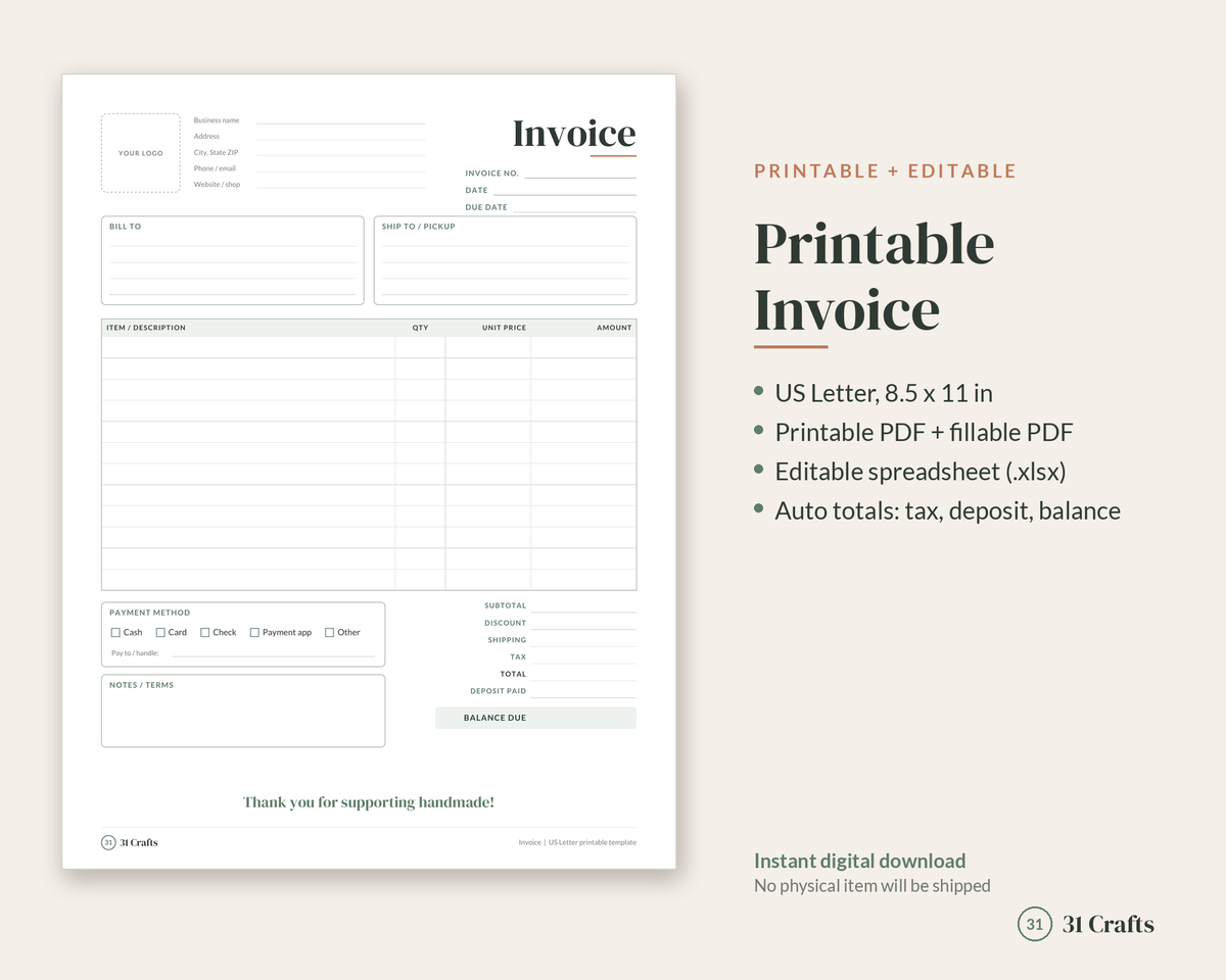 Printable Invoice Template for Small Business, Fillable PDF Invoice, Editable Spreadsheet, Craft Business Invoice, Handmade Seller Form