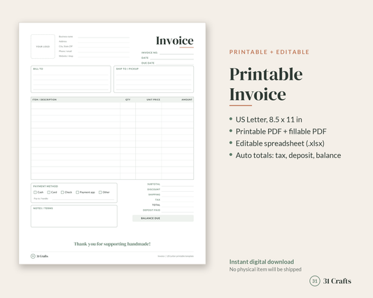 Printable Invoice Template for Small Business, Fillable PDF Invoice, Editable Spreadsheet, Craft Business Invoice, Handmade Seller Form