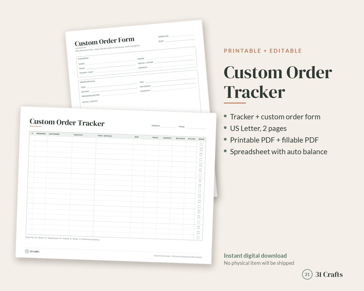 Custom Order Tracker Printable and Spreadsheet, Order Form Template, Small Business Order Log, Craft Commission Tracker, Fillable PDF