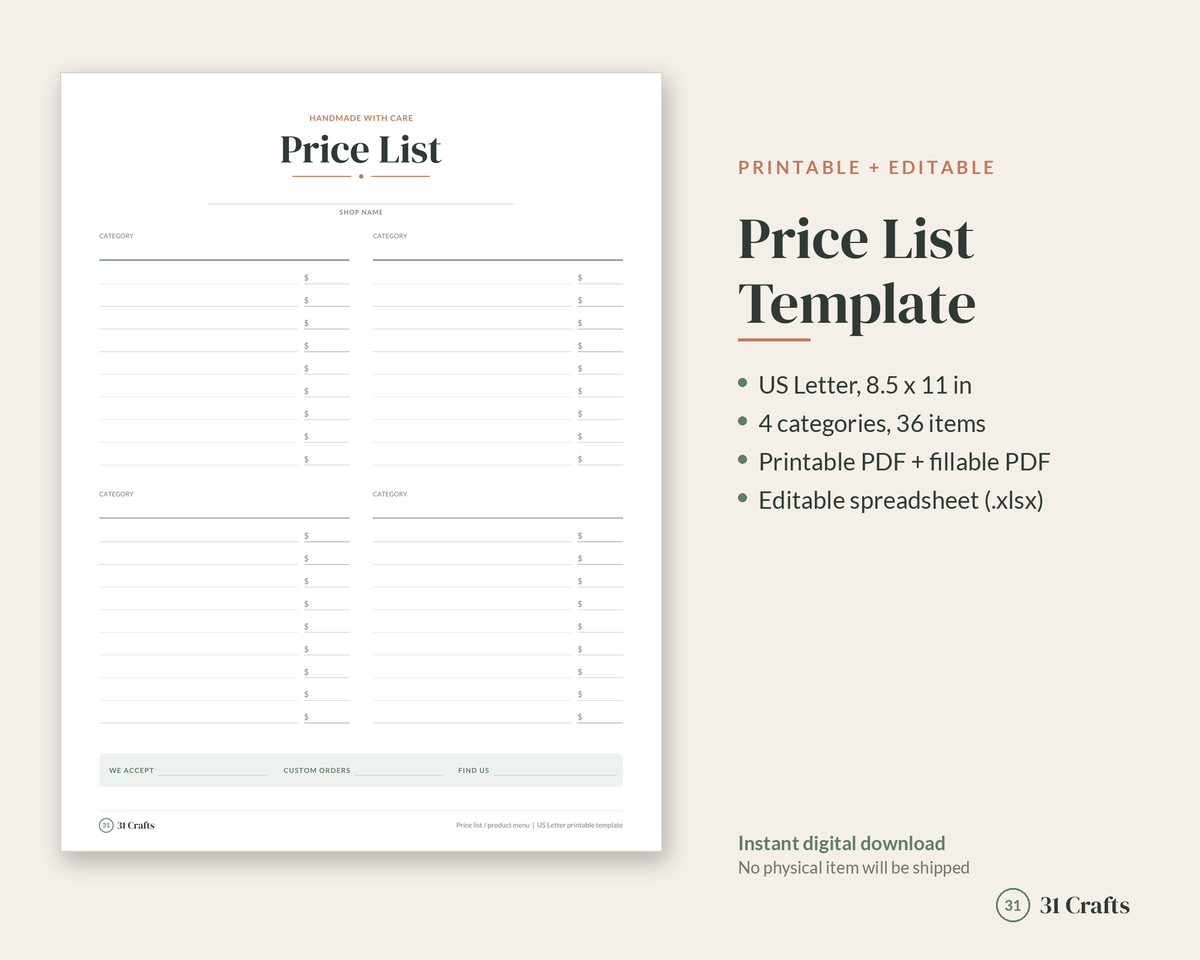 Price List Template Printable, Craft Booth Price Sign, Fillable Product Menu, Vendor Price Sheet, Small Business Pricing Printable
