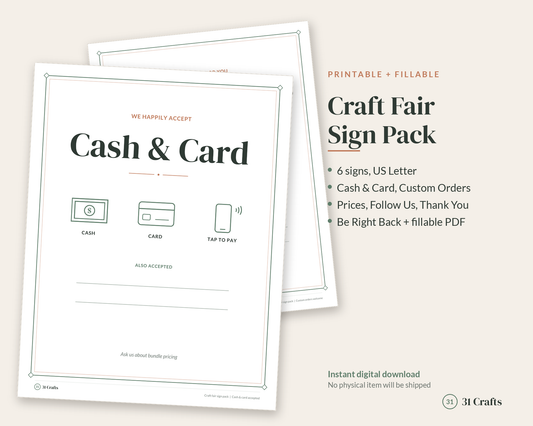 Craft Fair Sign Bundle Printable, Cash and Card Accepted Sign, Custom Orders Welcome, Follow Us Sign, Vendor Booth Signs, Fillable PDF
